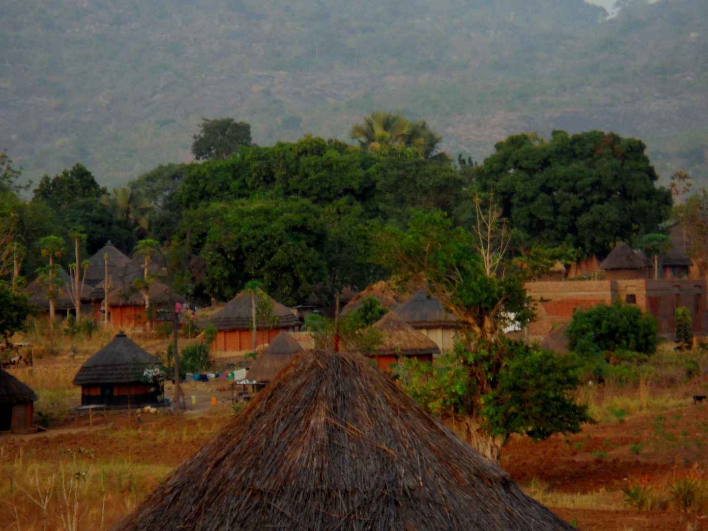 A village of thatched-roof homes in the hills